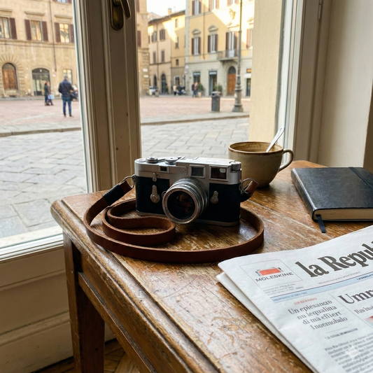 Brown leather camera strap with black wire.