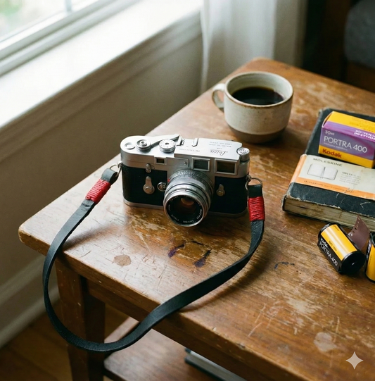 black leather camera strap with red wire.