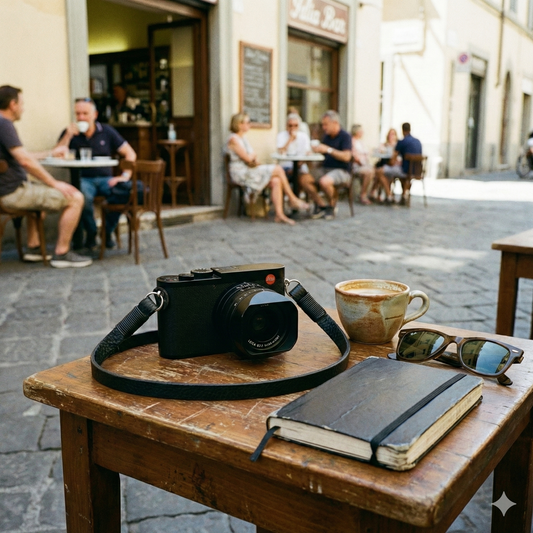 black leather camera strap with black wire.