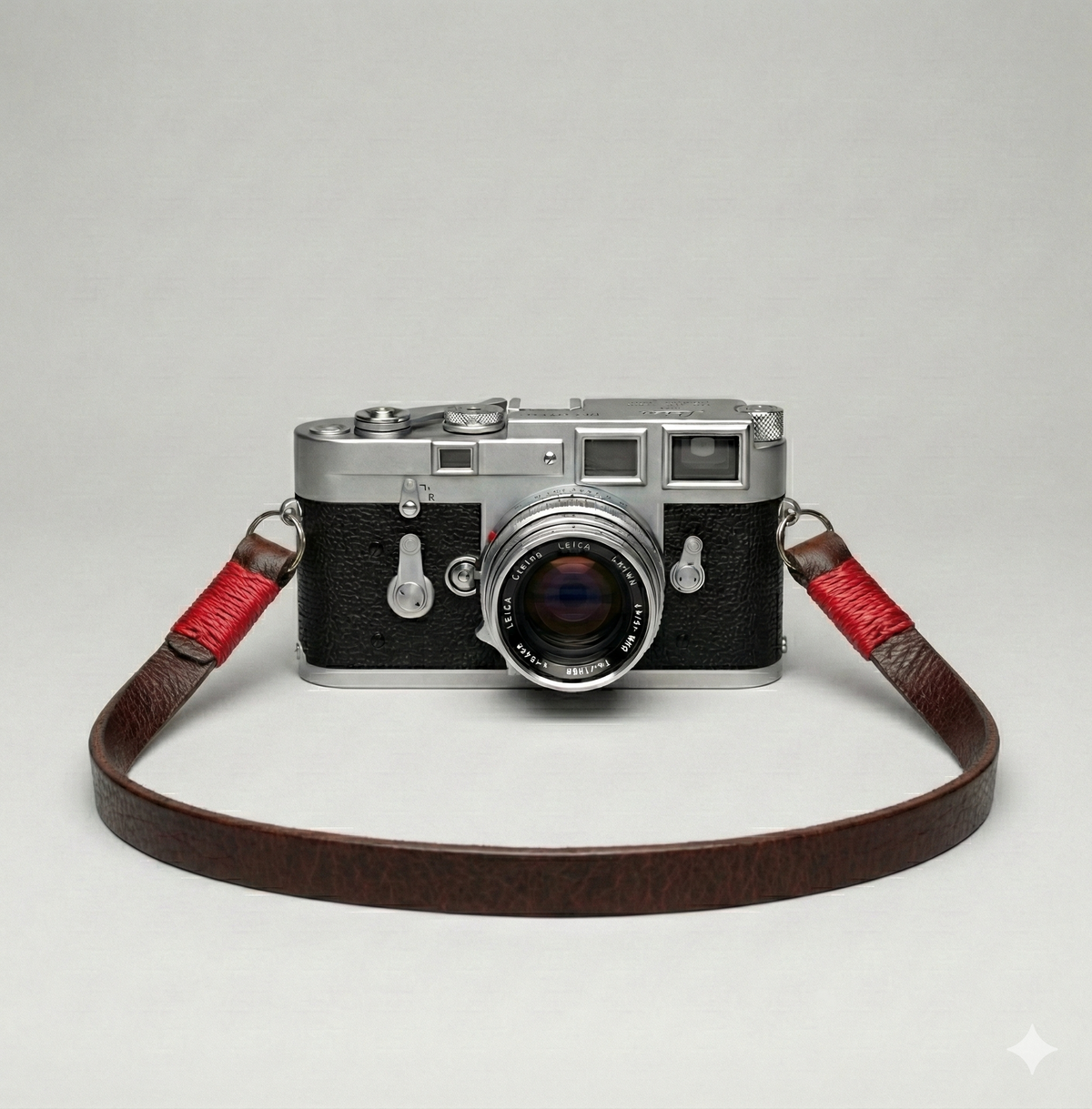 Brown leather camera strap with red wire. 