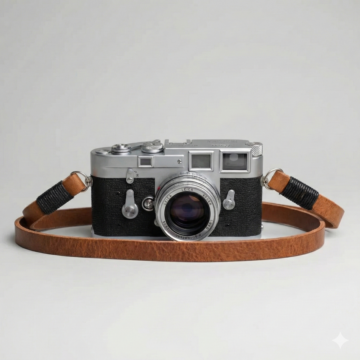 Brown leather camera strap with black wire. 