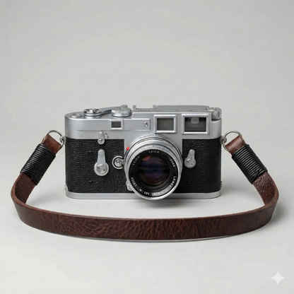 Brown leather camera strap with black wire. 