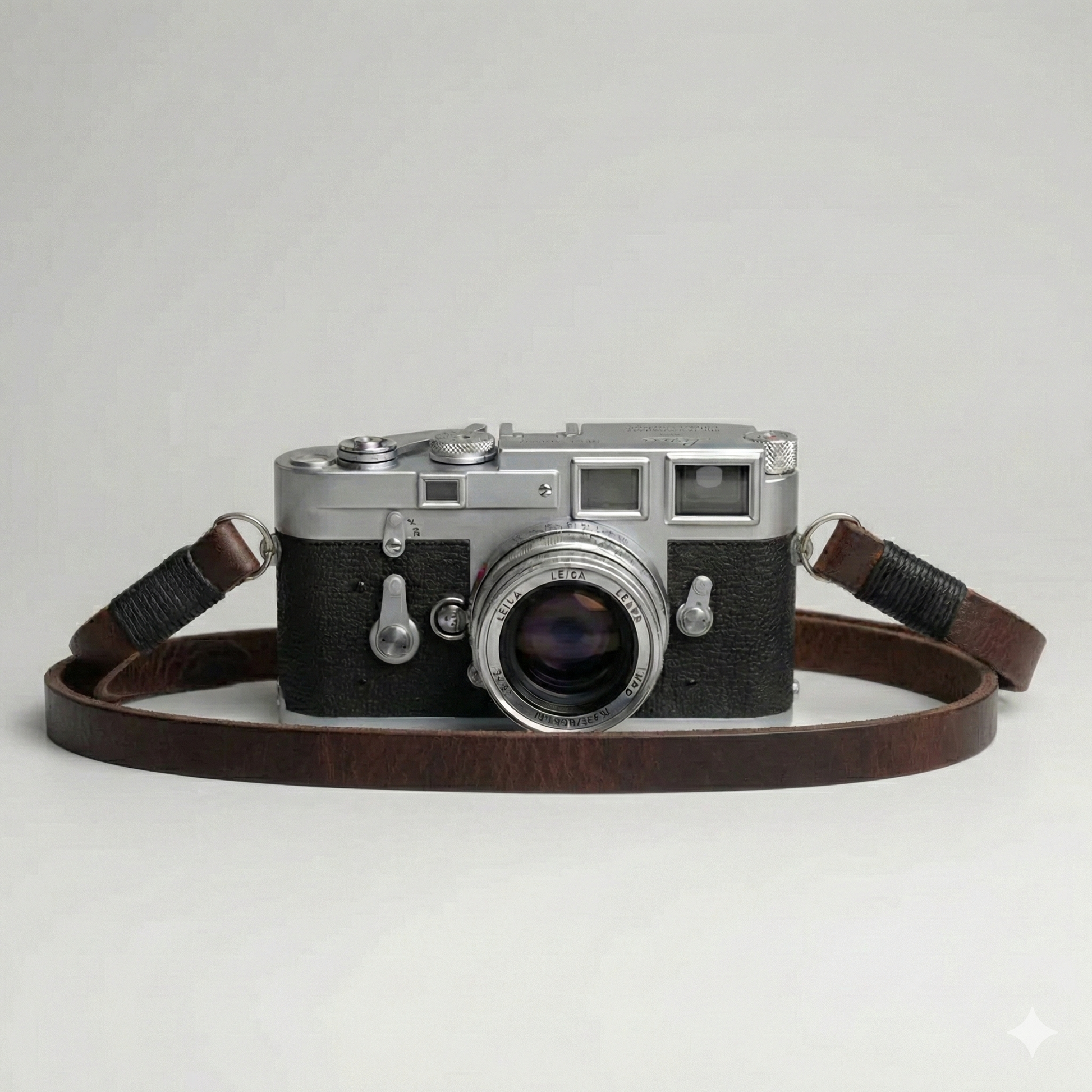 Brown leather camera strap with black wire. 