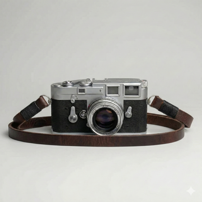 Brown leather camera strap with black wire. 