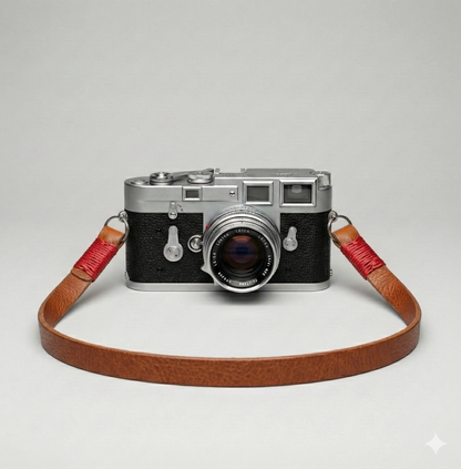 Brown leather camera strap with red wire. 