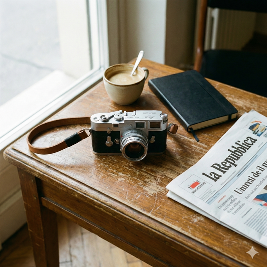 Brown leather camera strap with black wire. 