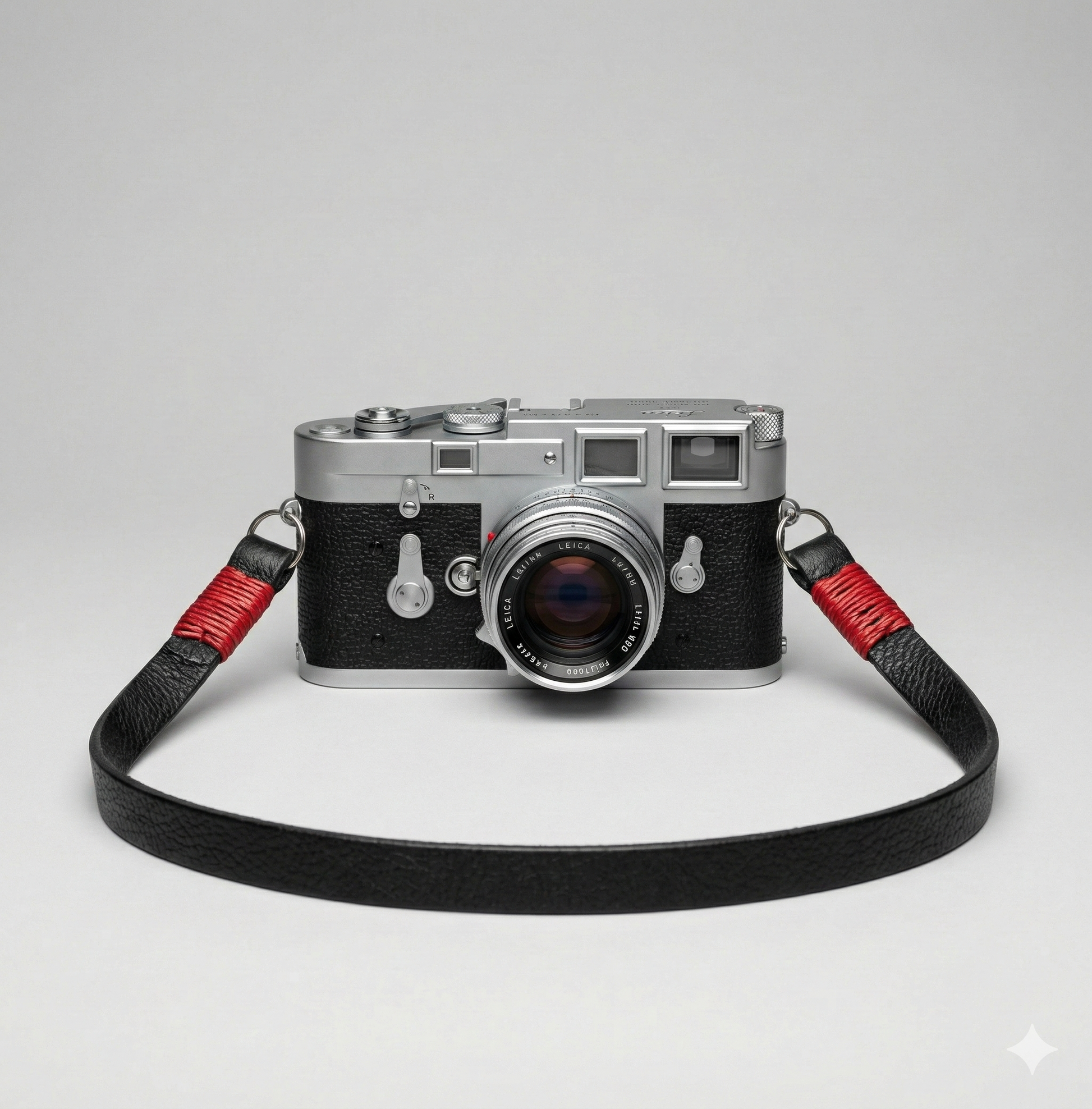 black leather camera strap with red wire. 