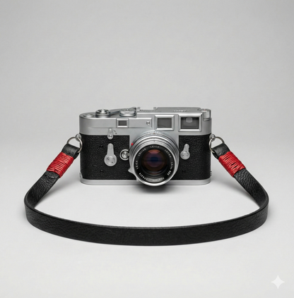 black leather camera strap with red wire. 
