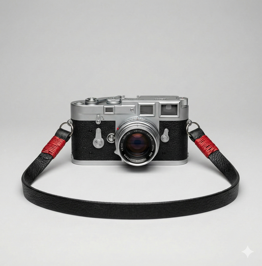 black leather camera strap with red wire. 