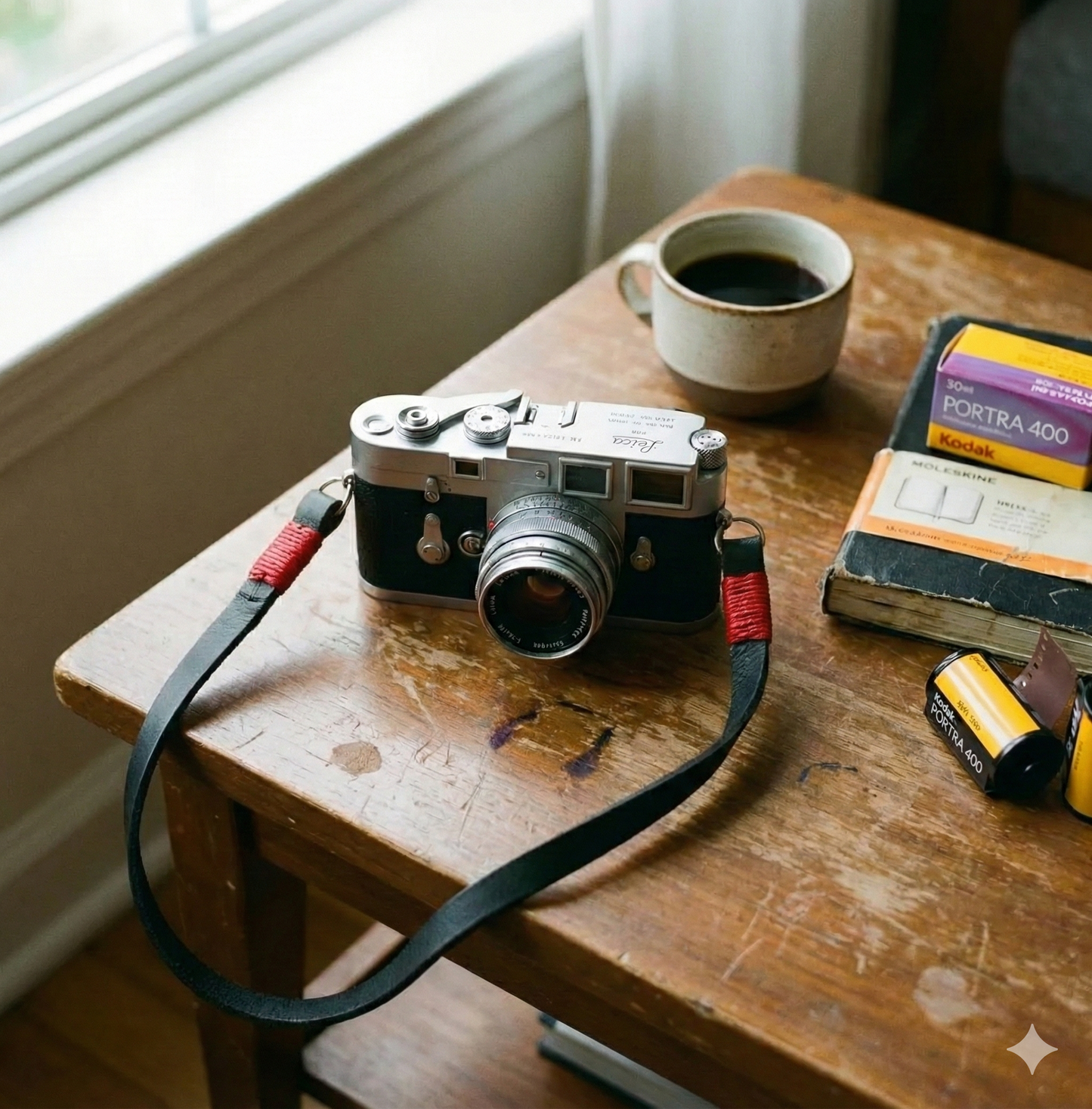 black leather camera strap with red wire. 