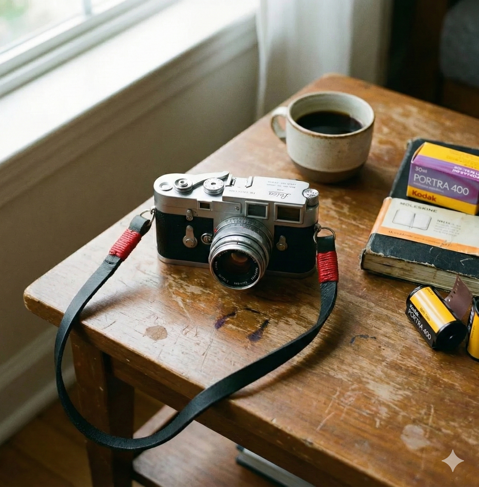 black leather camera strap with red wire. 