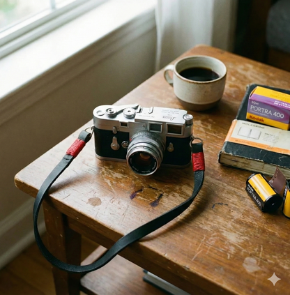 black leather camera strap with red wire. 