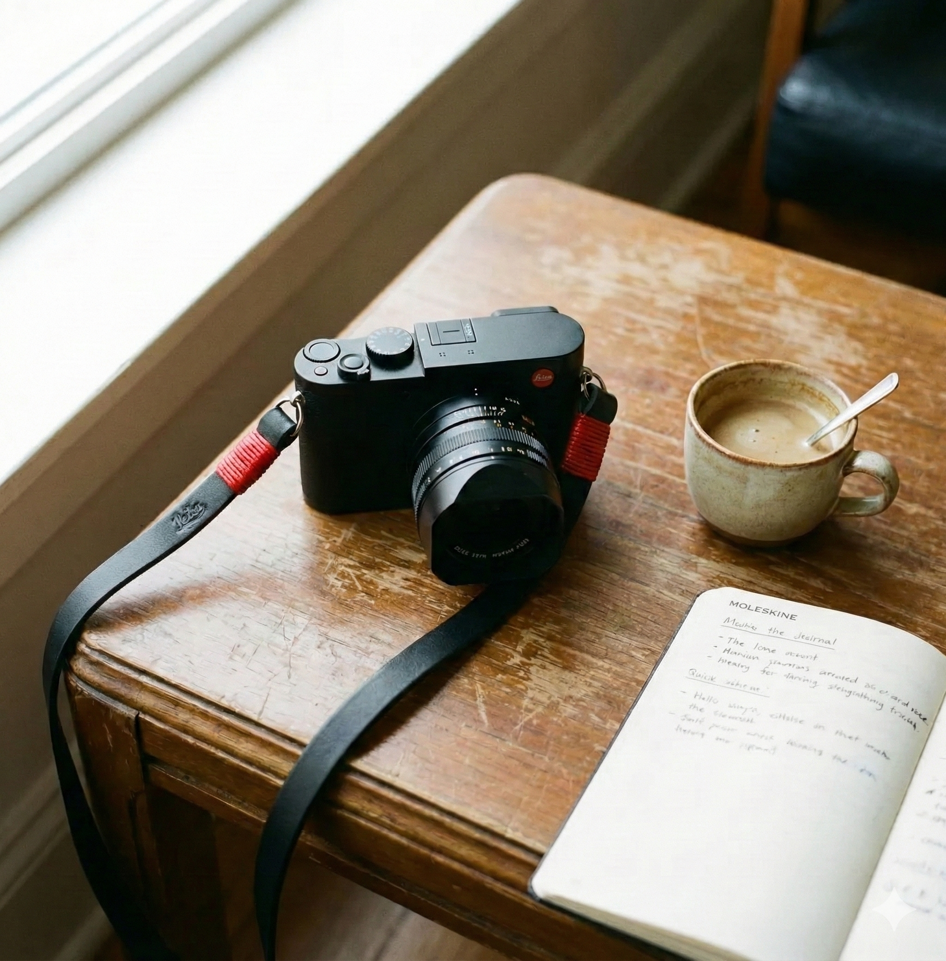 black leather camera strap with red wire. 