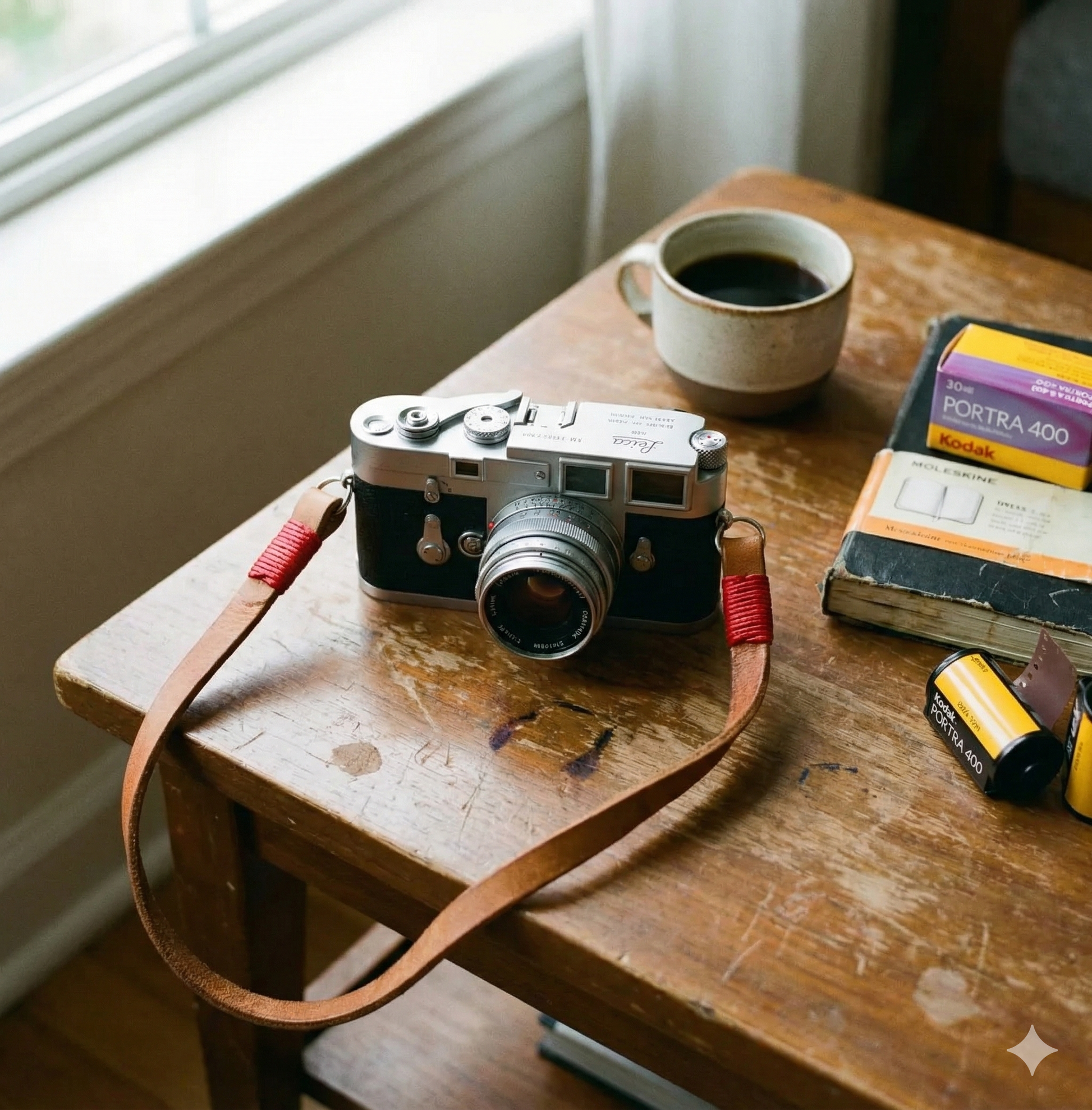 Brown leather camera strap with red wire. 