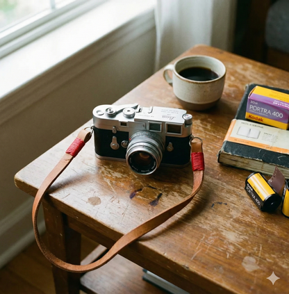 Brown leather camera strap with red wire. 