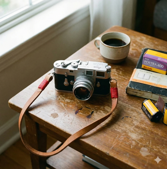 Brown leather camera strap with red wire. 