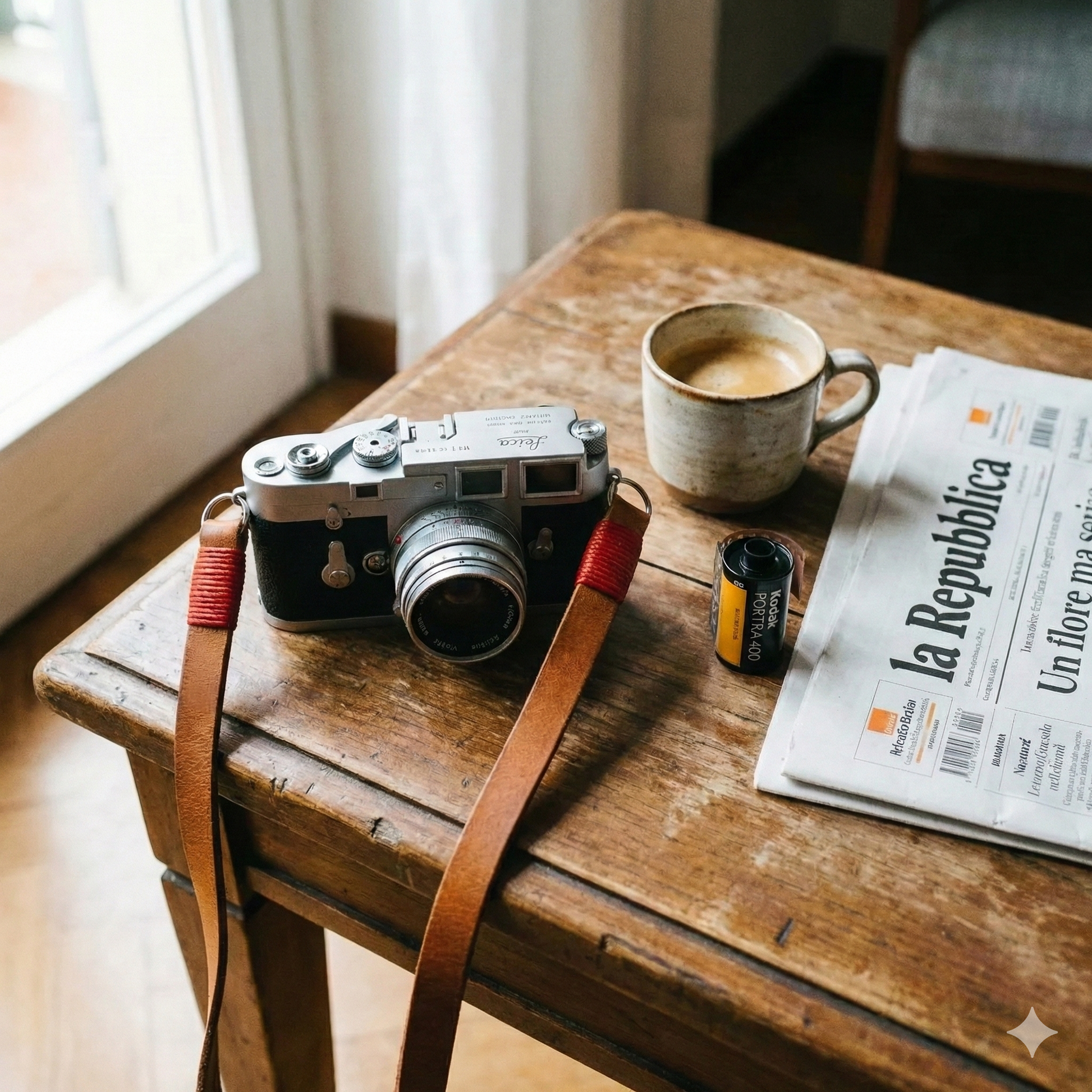 Brown leather camera strap with red wire. 