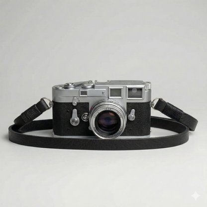 black leather camera strap with black wire. 