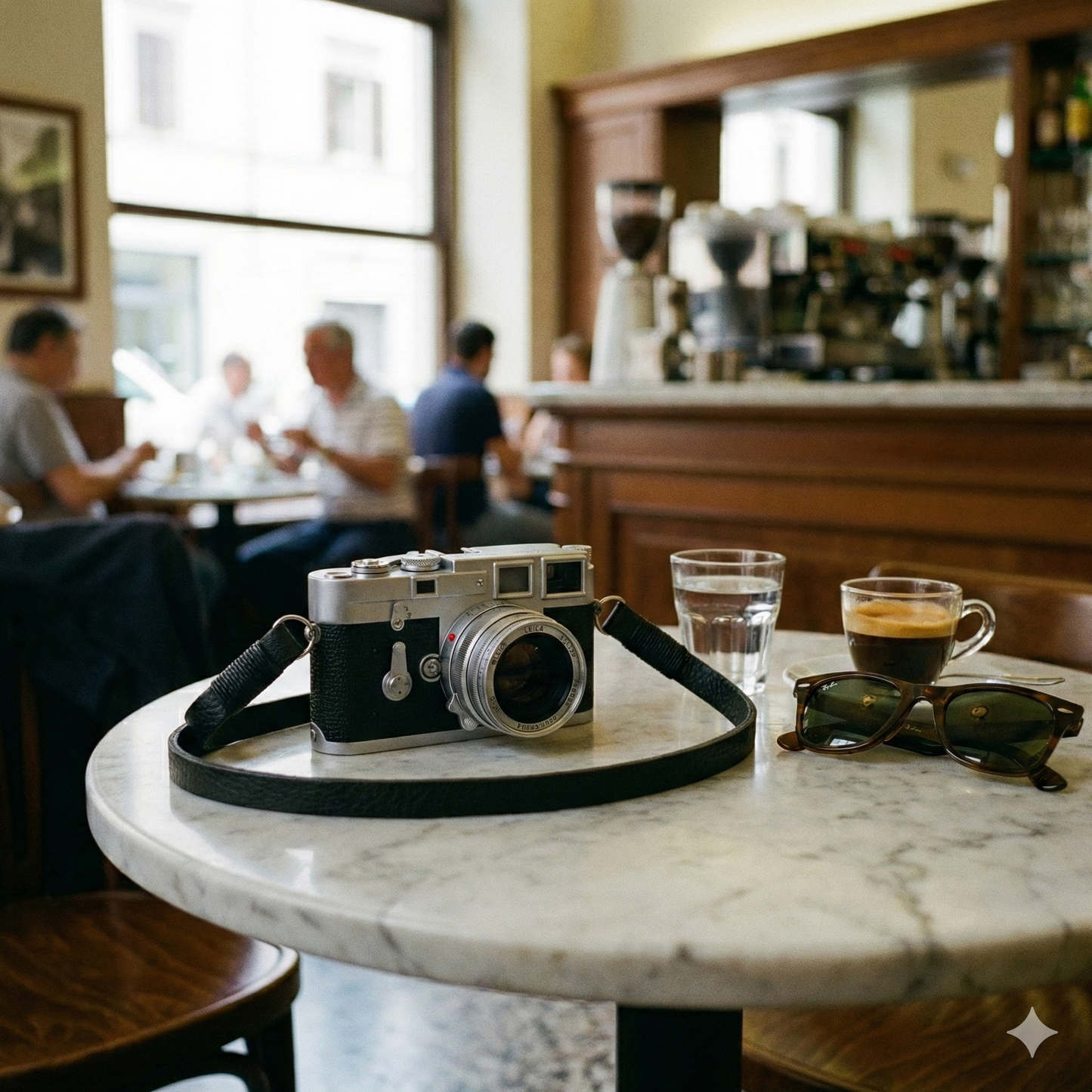 black leather camera strap with black wire. 